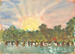 tempera drawing of sunrise behind a row of trees