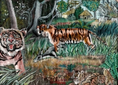 drawing of tigers and huts in the forest