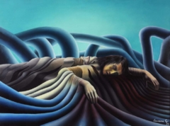 human figure prone in unreal landscape