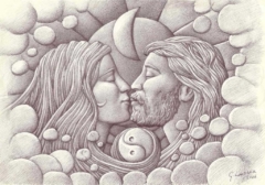 couple kissing and Yin-Yang symbol