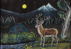 drawing of a deer in a landscape at night with full moon