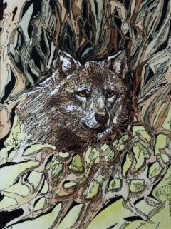 drawing of wolf head among the forest branches
