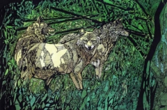 drawing of wolves in the thick of the forest