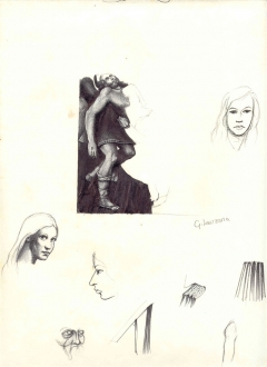 sketches of female faces and a deposition