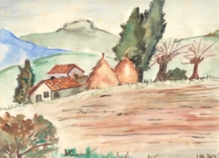 country landscape with two houses and sheaves