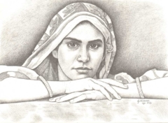 drawing of a woman with veil on the head and hands under the chin