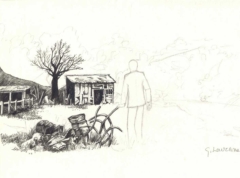sketch of human figure moving towards some shacks