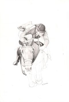 sketch of a rider while jumping in a horse race