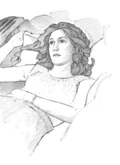 drawing of a young woman lying and thoughtful