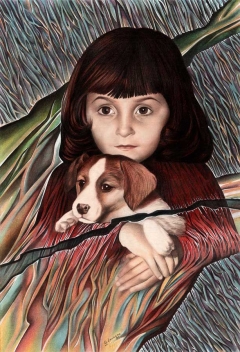 disegno di bambina che stringe un cane cucciolo tra le braccia