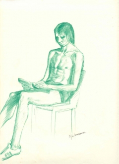 autoritratto di Graziano Lauzana seduto a torso nudo