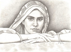 disegno ritratto di donna con velo sulla testa e mani sotto il mento