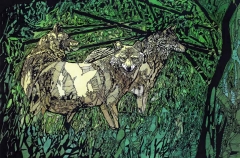 disegno di lupi nel folto della foresta verdeggiante