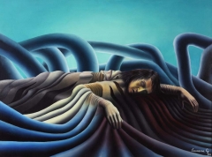 figura umana prona in paesaggio irreale