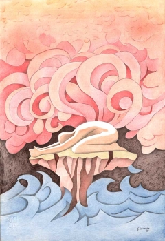 figura umana accovacciata su scoglio in paesaggio fantastico