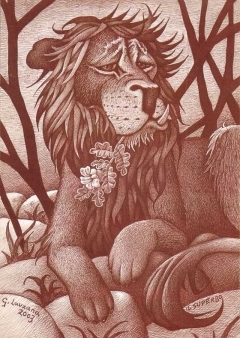 caricatura di leone con fiore in bocca