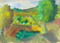 disegno a tempera di un paesaggio rurale verdeggiante