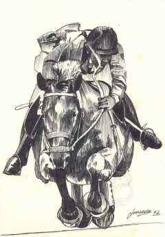disegno di un cavaliere che salta durante una gara di equitazione