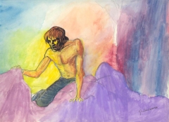 tempera con scalatore a torso nudo mentre raggiunge la vetta